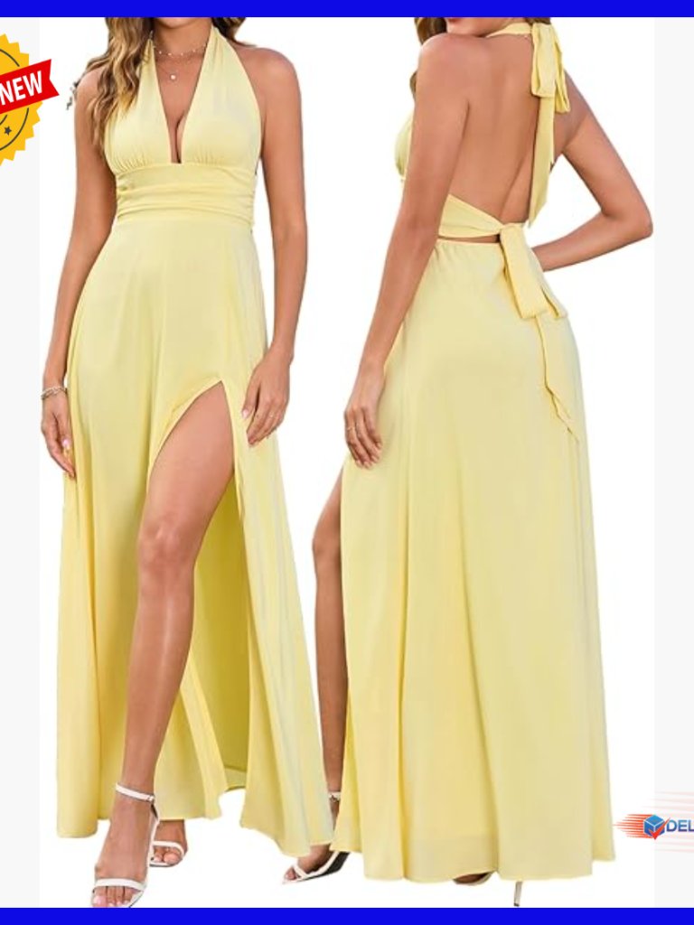 Halter V-Neck Maxi Dress With High Slit And Open Back, Formal Beach Wedding